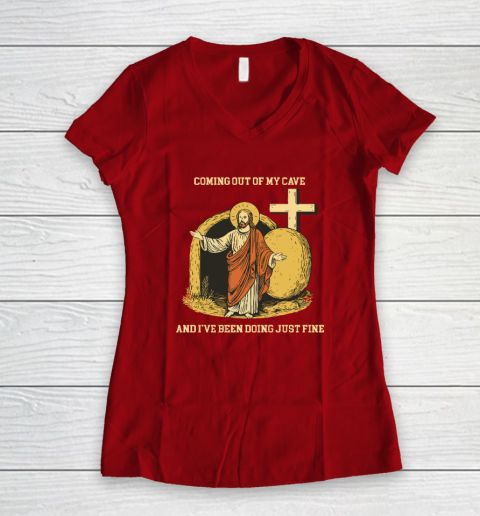 Coming Out Of My Cave Jesus Women's V-Neck T-Shirt 6