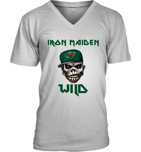 NHL Minnesota Wild Iron Maiden Rock Band Music Hockey Sports GCGtlwpmxrB v neck unisex 8 95 151514 front white