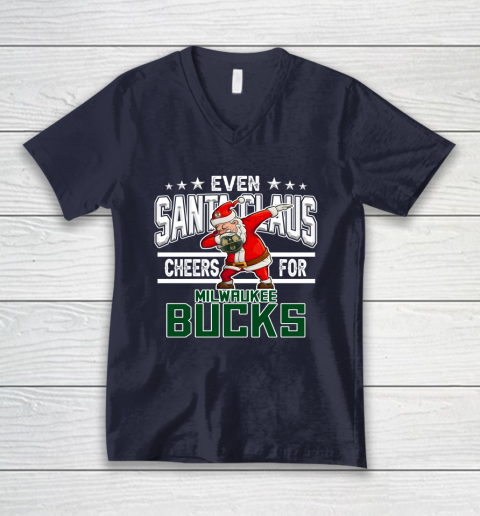 Milwaukee Bucks Even Santa Claus Cheers For Christmas NBA V-Neck T-Shirt 2