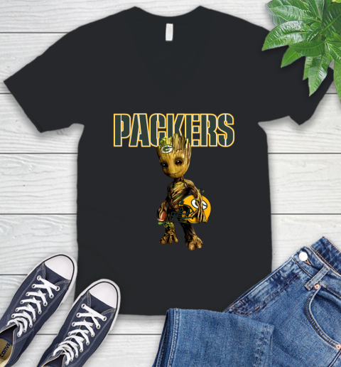 Green Bay Packers NFL Football Groot Marvel Guardians Of The Galaxy V-Neck T-Shirt 2