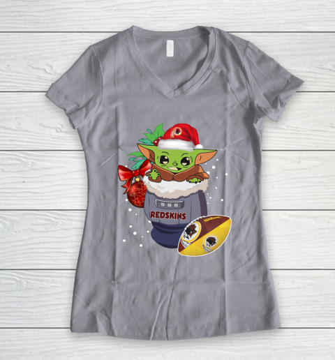 Washington Redskins Christmas Baby Yoda Star Wars Funny Happy NFL Women's V-Neck T-Shirt 4