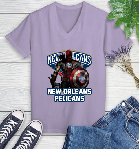 New Orleans Pelicans NBA Basketball Captain America Thor Spider Man Hawkeye Avengers Women's V-Neck T-Shirt 14