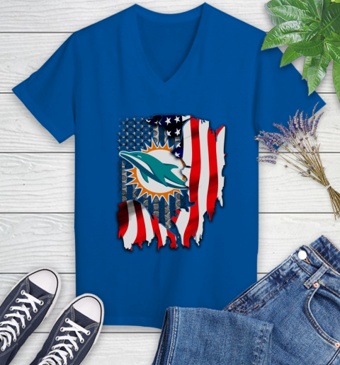 Miami Dolphins NFL Football American Flag Women's V-Neck T-Shirt 10