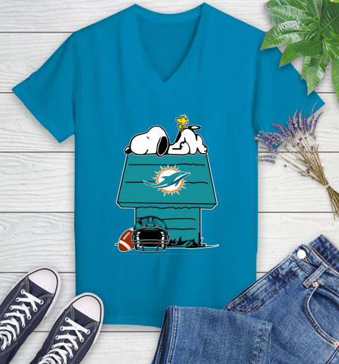 Miami Dolphins NFL Football Snoopy Woodstock The Peanuts Movie Women's V-Neck T-Shirt 7