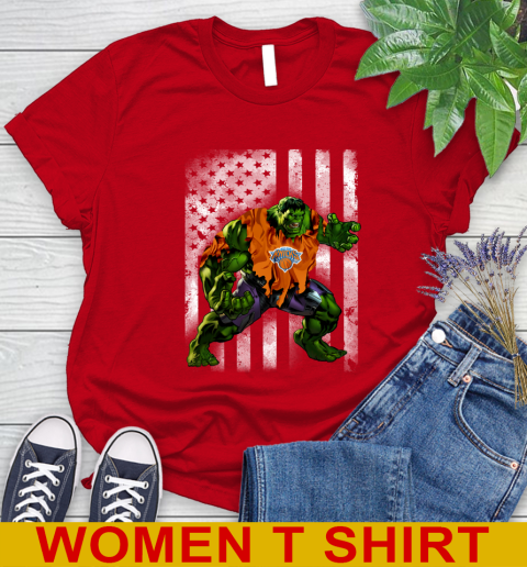 New York Knicks Hulk Marvel Avengers NBA Basketball American Flag Women's T-Shirt 11