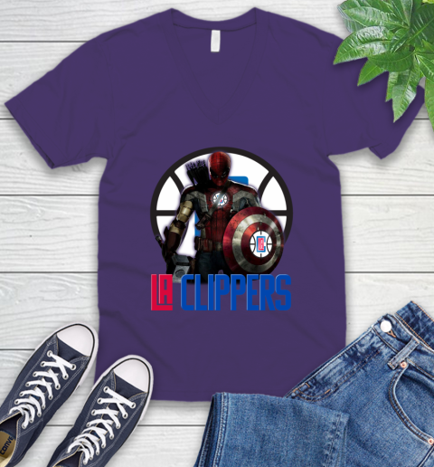 LA Clippers NBA Basketball Captain America Thor Spider Man Hawkeye Avengers V-Neck T-Shirt 10