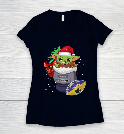 Baltimore Ravens Christmas Baby Yoda Star Wars Funny Happy NFL Women's V-Neck T-Shirt 3