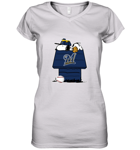 Milwaukee Brewers Snoopy And Woodstock Resting Together MLB Women's V-Neck T-Shirt
