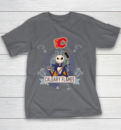 NHL Calgary Flames Hockey Jack Skellington Halloween Youth T-Shirt 5