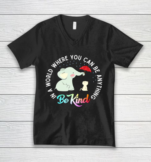 In a world where you can be anything be kind Elephant holding un umbrella to protect Cat form Rain Autism Awareness V-Neck T-Shirt