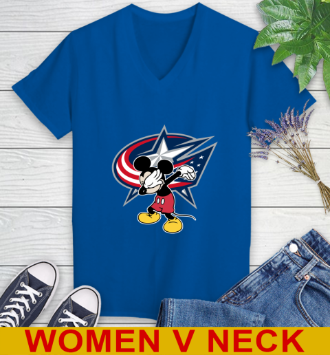 Columbus Blue Jackets NHL Hockey Dabbing Mickey Disney Sports Women's V-Neck T-Shirt 11