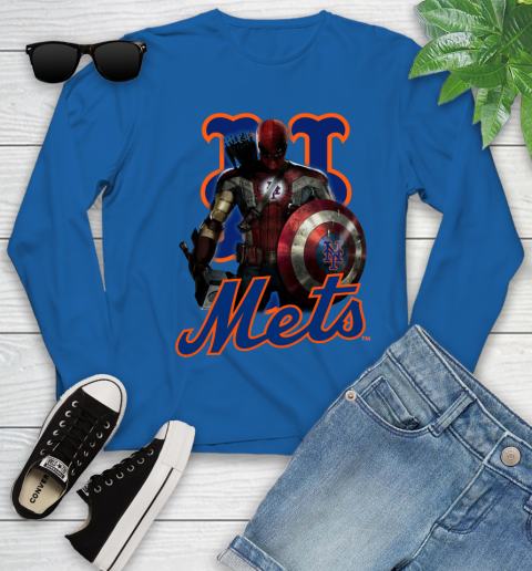 MLB Captain America Thor Spider Man Hawkeye Avengers Endgame Baseball New York Mets Youth Long Sleeve 9