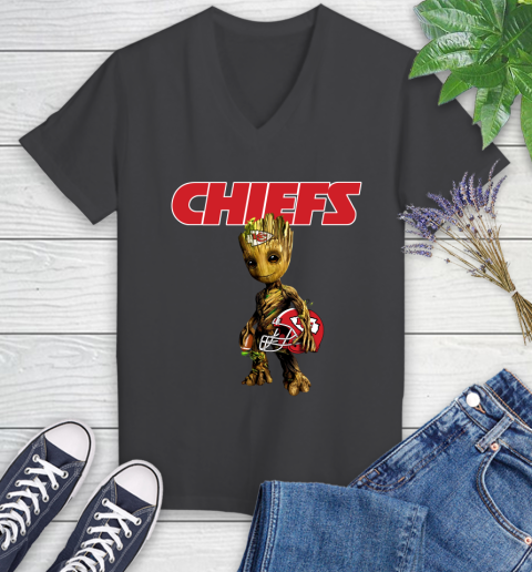 Kansas City Chiefs NFL Football Groot Marvel Guardians Of The Galaxy Women's V-Neck T-Shirt 8
