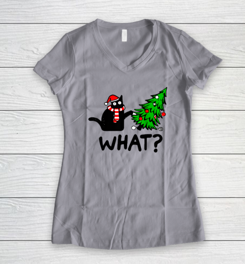 Funny Black Cat Gift Pushing Christmas Tree Over Cat What Women's V-Neck T-Shirt 2