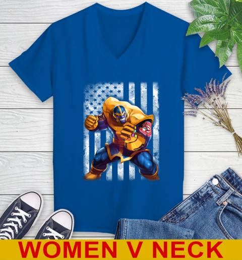 NBA Basketball Atlanta Hawks Thanos Marvel American Flag Shirt Women's V-Neck T-Shirt - Image 10