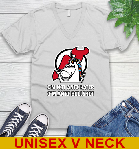 New Jersey Devils NHL Hockey Unicorn I'm Not Anti Hater I'm Anti Bullshit V-Neck T-Shirt