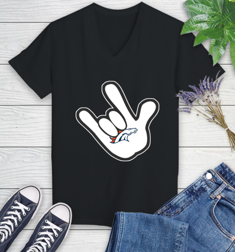 Denver Broncos NFL Football Mickey Rock Hand Disney Women's V-Neck T-Shirt 2