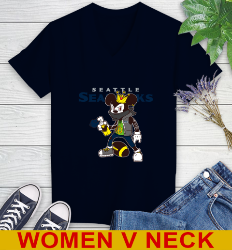 Seattle Seahawks NFL Football Mickey Peace Sign Sports Women's V-Neck T-Shirt 3