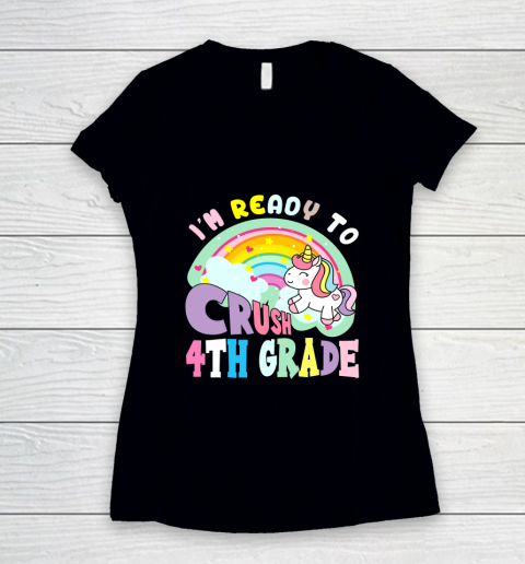 Back to school shirt ready to crush 4th grade unicorn Women's V-Neck T-Shirt