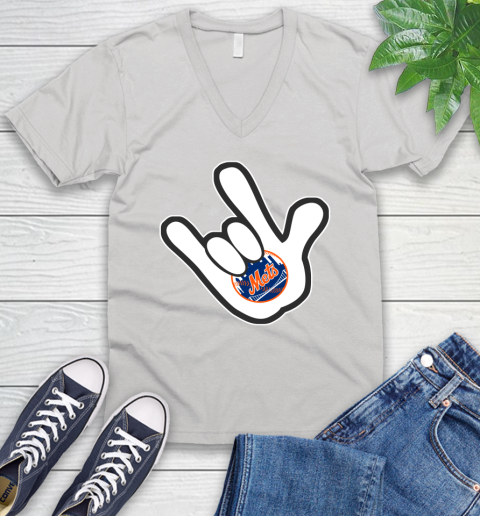 New York Mets MLB Baseball Mickey Rock Hand Disney V-Neck T-Shirt