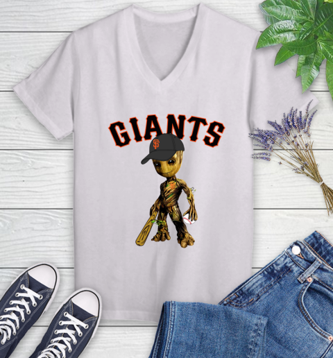 MLB San Francisco Giants Groot Guardians Of The Galaxy Baseball Women's V-Neck T-Shirt