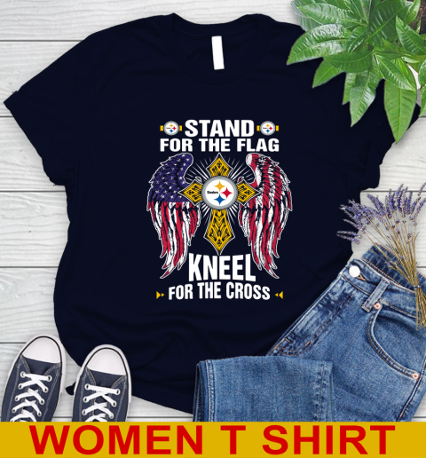 NFL Football Pittsburgh Steelers Stand For Flag Kneel For The Cross Shirt Women's T-Shirt - Image 3
