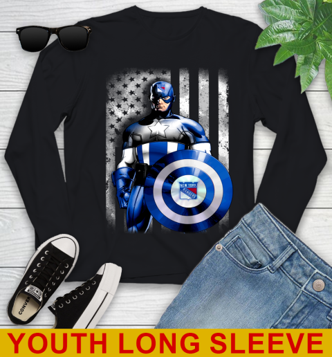 New York Rangers NHL Hockey Captain America Marvel Avengers American Flag Shirt Youth Long Sleeve