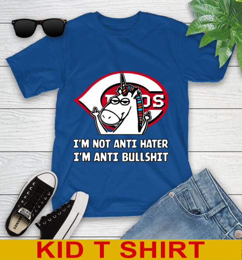 Cincinnati Reds MLB Baseball Unicorn I'm Not Anti Hater I'm Anti Bullshit Youth T-Shirt 9