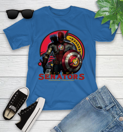 NHL Captain America Thor Spider Man Hawkeye Avengers Endgame Hockey Ottawa Senators Youth T-Shirt 9