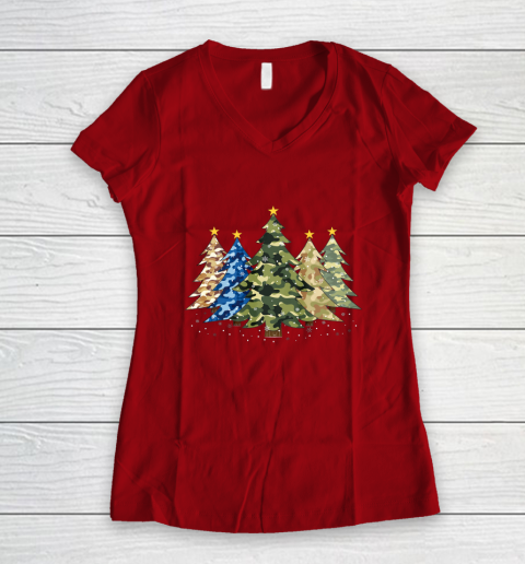 Camo Print Christmas Trees with Camouflage Print Xmas Women's V-Neck T-Shirt 8