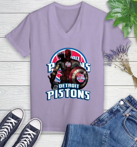 Detroit Pistons NBA Basketball Captain America Thor Spider Man Hawkeye Avengers Women's V-Neck T-Shirt 14