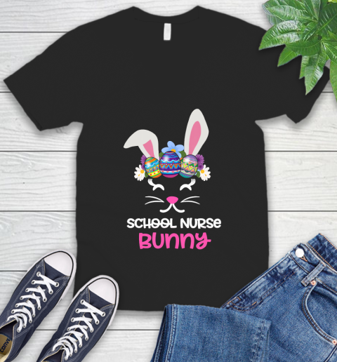 Nurse Shirt Cute School Nurse Bunny Face Egg Costume Easter Day T Shirt V-Neck T-Shirt