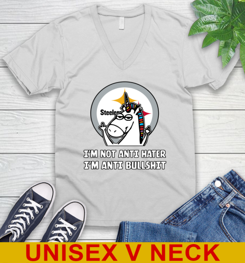 Pittsburgh Steelers NFL Football Unicorn I'm Not Anti Hater I'm Anti Bullshit V-Neck T-Shirt