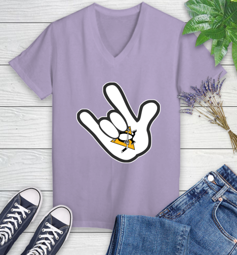 Pittsburgh Penguins NHL Hockey Mickey Rock Hand Disney Women's V-Neck T-Shirt 14