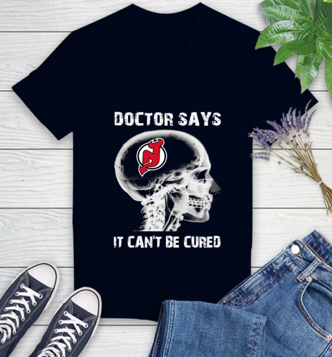 NHL New Jersey Devils Hockey Skull It Can't Be Cured Shirt Women's V-Neck T-Shirt 2