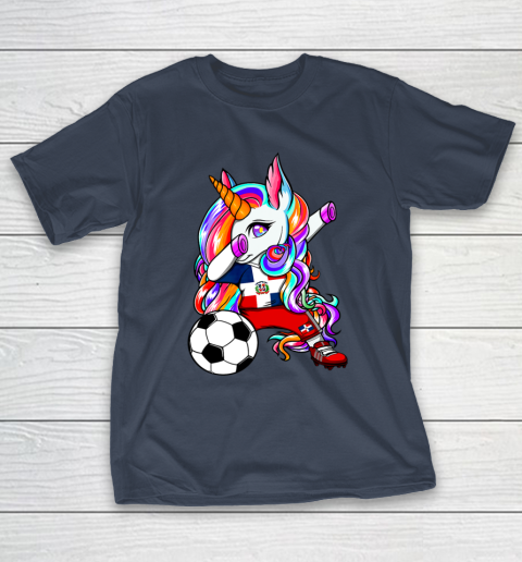 Dabbing Unicorn Dominican Republic Soccer Fans Flag Football T-Shirt 4