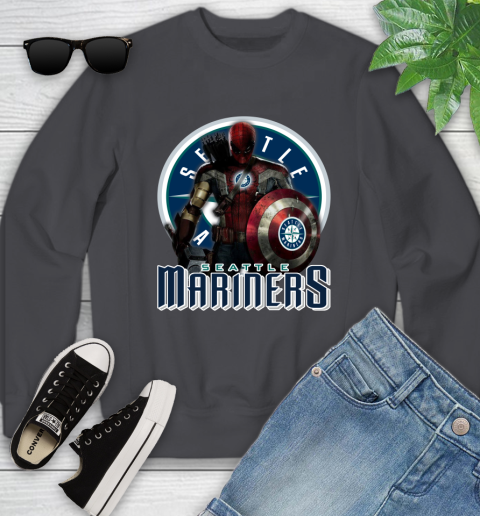 MLB Captain America Thor Spider Man Hawkeye Avengers Endgame Baseball Seattle Mariners Youth Sweatshirt 6