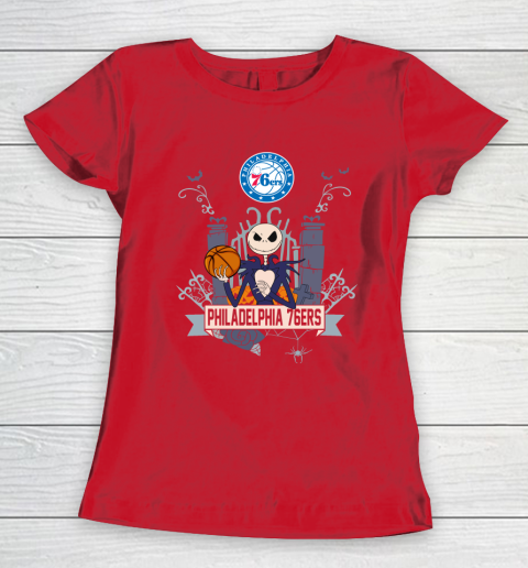 NBA Philadelphia 76ers Basketball Jack Skellington Halloween Women's T-Shirt 9