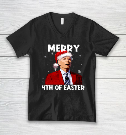 Joe Biden Santa Hat Merry 4th Of Easter Christmas Funny V-Neck T-Shirt