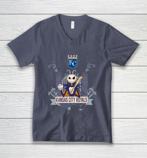 MLB Kansas City Royals Baseball Jack Skellington Halloween V-Neck T-Shirt 7
