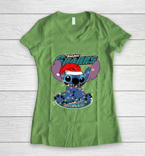 San Jose Sharks NHL Hockey noel stitch Christmas Women's V-Neck T-Shirt 5