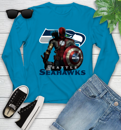 NFL Captain America Thor Spider Man Hawkeye Avengers Endgame Football Seattle Seahawks Youth Long Sleeve 7
