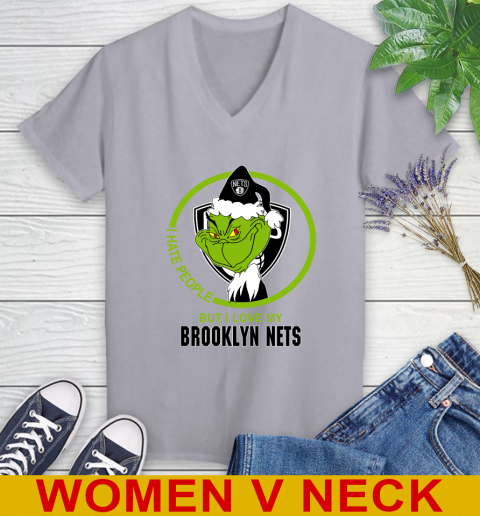 Brooklyn Nets NBA Christmas Grinch I Hate People But I Love My Favorite Basketball Team Women's V-Neck T-Shirt 5