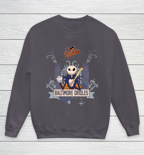 MLB Baltimore Orioles Baseball Jack Skellington Halloween Youth Sweatshirt 5