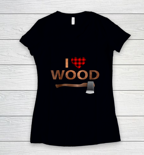 I Love Wood T Shirt Lumberjack Heart Halloween Party Women's V-Neck T-Shirt