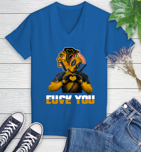 NHL Chicago Blackhawks Deadpool Love You Fuck You Hockey Sports Women's V-Neck T-Shirt 10