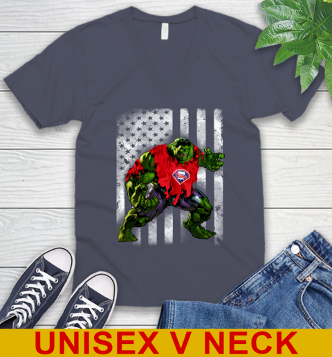 Philadelphia Phillies Hulk Marvel Avengers MLB Baseball American Flag V-Neck T-Shirt 7