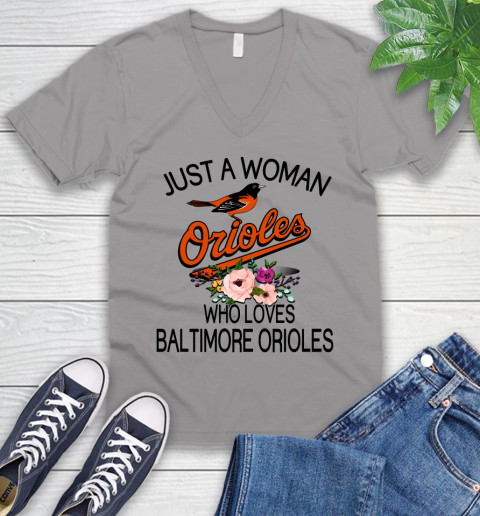 MLB Just A Woman Who Loves Baltimore Orioles Baseball Sports V-Neck T-Shirt 2