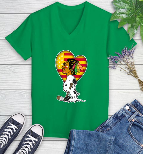 Chicago Blackhawks NHL Hockey The Peanuts Movie Adorable Snoopy Women's V-Neck T-Shirt 5