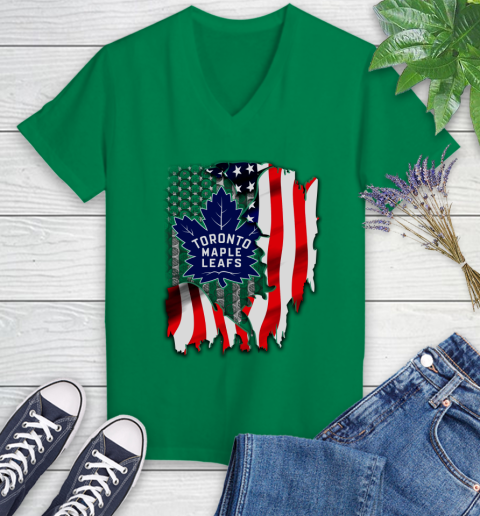 Toronto Maple Leafs NHL Hockey American Flag Women's V-Neck T-Shirt 5